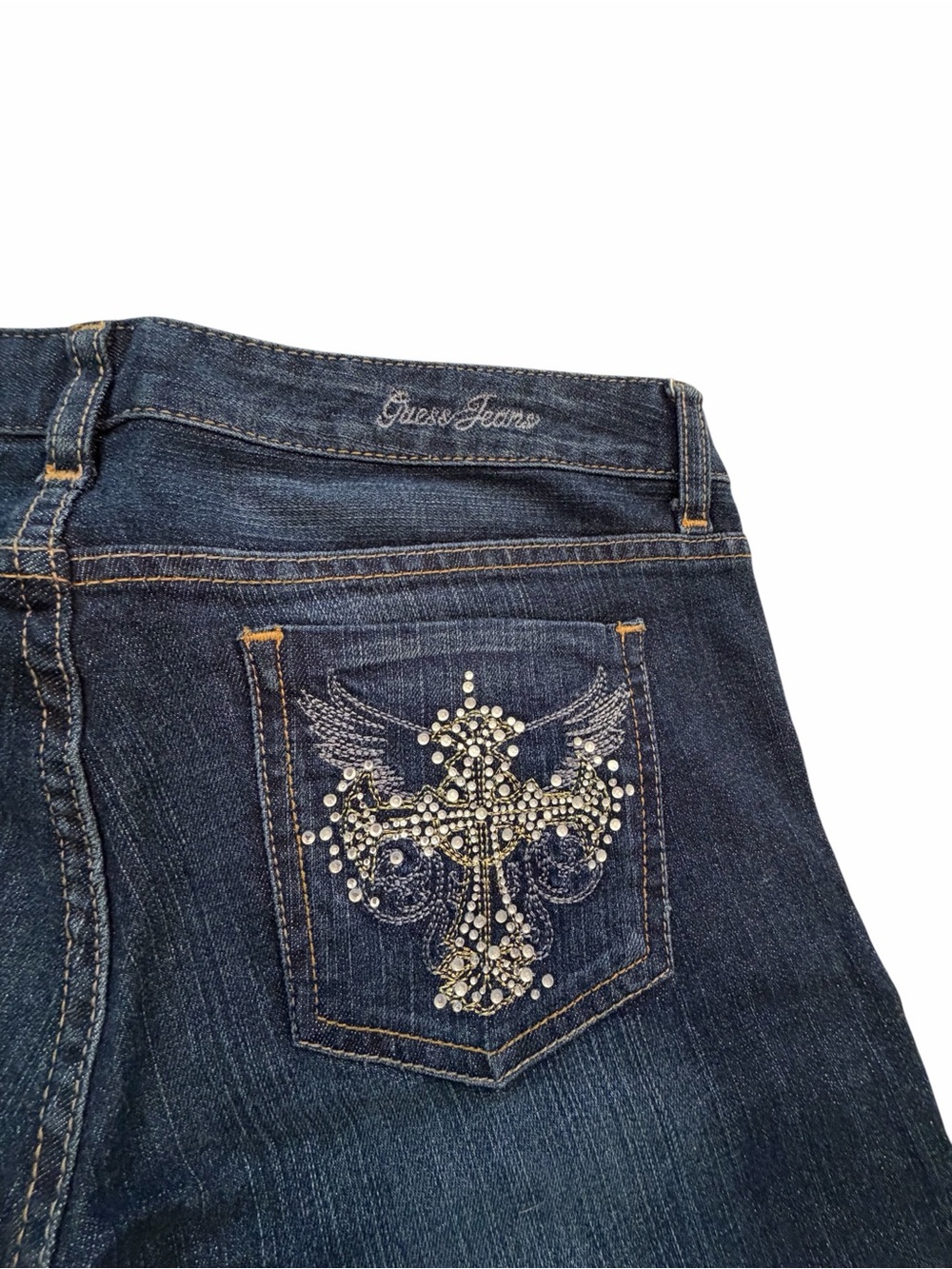 Guess Denim Jeans-Rhinestone Cross Back Pockets-Low Rise-Size 29x32-Seem New - Picture 8 of 10
